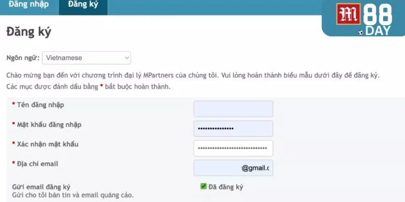 Truy cập vào website của M88 để đăng ký chính sách đại lý. 