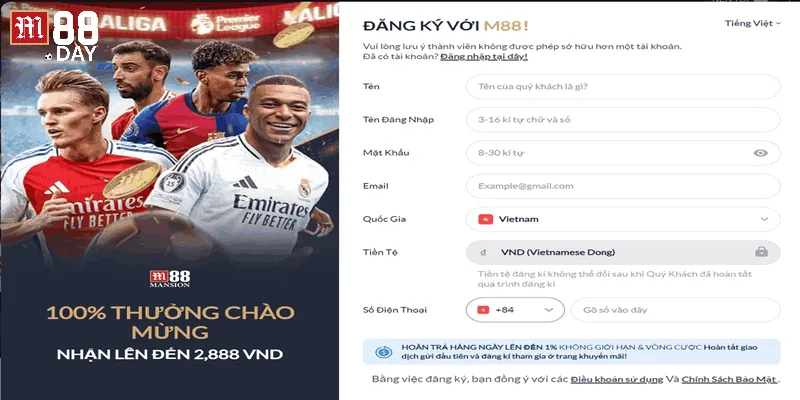 Hướng dẫn M88 các thao tác đăng ký cho thành viên mới.