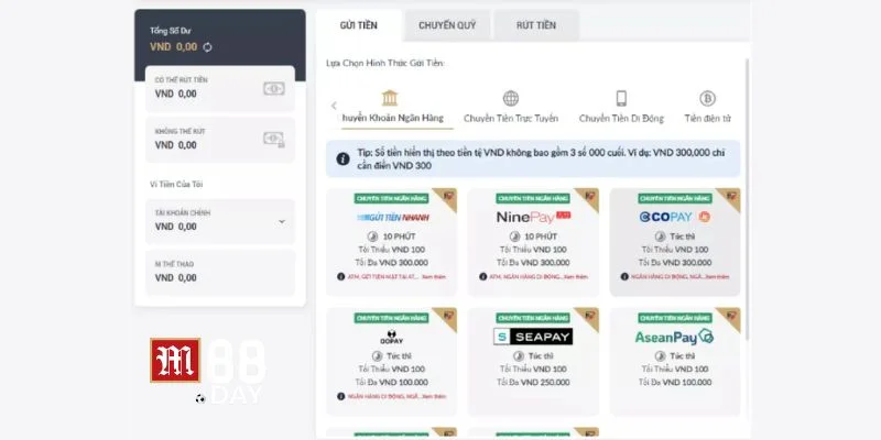 Sự tiện lợi từ phương thức nạp tiền M88 giúp bạn vào game cược siêu tốc.